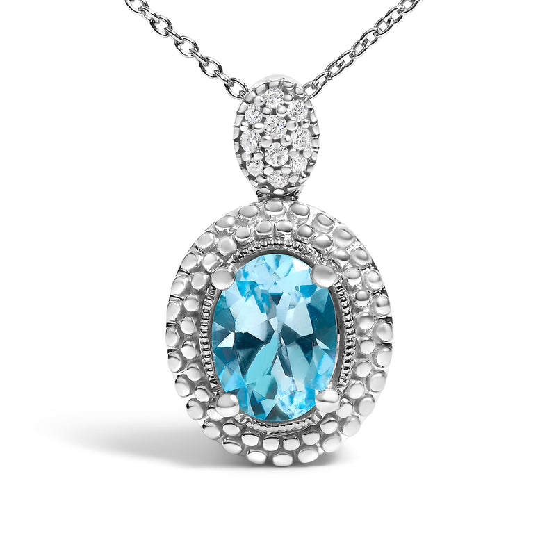 Bids.com .925 Sterling Silver Oval Blue Topaz and Diamond Accent with Beaded Halo Pendant Necklace - 18" Inches Necklaces White Smoke White.Sterling Silver / 18