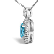 Bids.com .925 Sterling Silver Oval Blue Topaz and Diamond Accent with Beaded Halo Pendant Necklace - 18" Inches Necklaces White Smoke White.Sterling Silver / 18