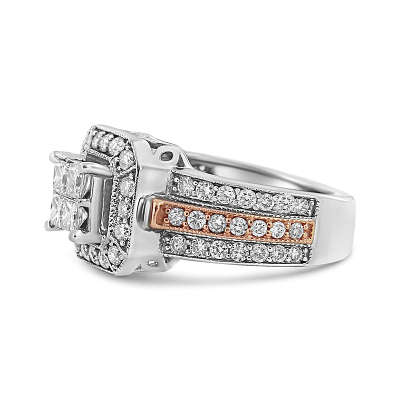 Bids.com 14K White and Rose Gold 1 1/8 Cttw Princess and Round-Cut Diamond Art Deco Style Triple Shank Halo Cocktail Ring (I-J Color, SI2-I1 Clarity) - Size 7 Rings White Smoke 7 / WhiteRose.Gold,4.5 / WhiteRose.Gold