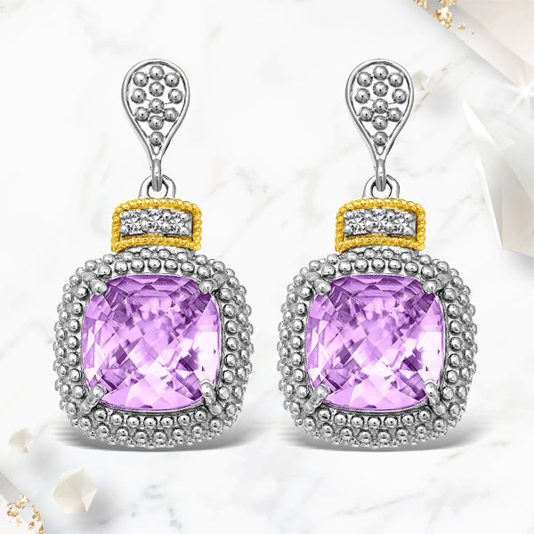 Bids.com 18k Yellow Gold & Sterling Silver Cushion Amethyst & Diamond Earrings (.05cttw) Earrings White Smoke Yellow Gold & Sterling Silver