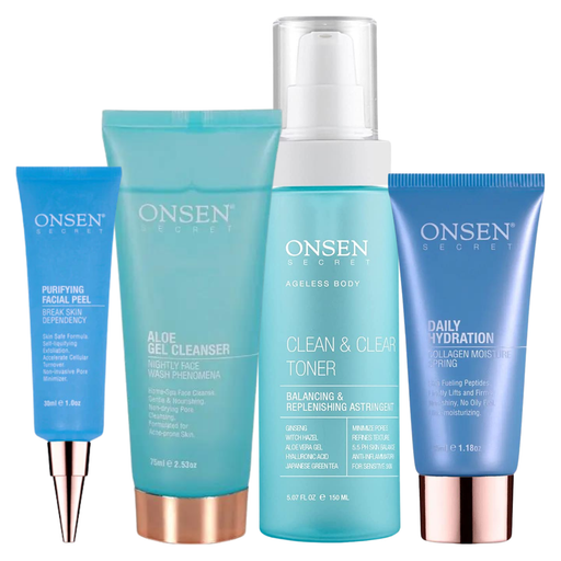Onsen Secret Daily Essentials System Skin Care Sets Medium Aquamarine Aloe Cleanser + Peel + Toner + Moisturizer : 75/30/150/35 ml