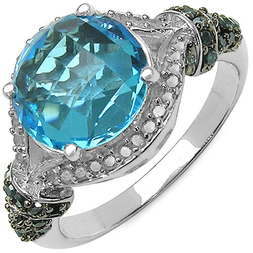 Bids.com 4.96 Carat Genuine Blue Topaz, Blue Diamond & White Diamond .925 Sterling Silver Ring Rings White Smoke size 7.00,size 6.00,size 8.00,size 9.00