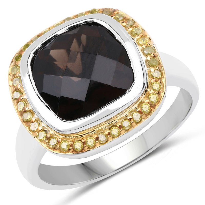 Bids.com 3.67 Carat Genuine Smoky Quartz and Yellow Diamond .925 Sterling Silver Ring Rings White Smoke size 6.00,size 7.00,size 8.00,size 9.00