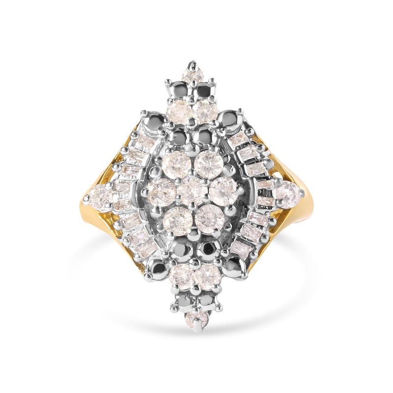 Bids.com 10K Yellow Gold 1 Cttw Round and Baguette cut Diamond Cluster and Rhombus Halo Ring (H-I Color, I1-I2 Clarity) - Ring Size 7 Rings White Smoke 7 / Yellow.Gold