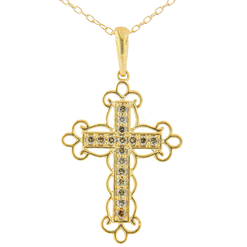 Bids.com 10K Yellow Flashed .925 Sterling Silver 1/4 Cttw Champagne Diamond Filigree Cross Pendant Necklace (K-L Color, I1-I2 Clarity) - 18" Necklaces White Smoke Yellow.Sterling Silver / 18