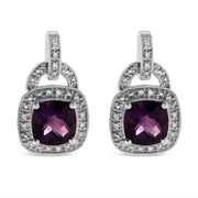 Bids.com .925 Sterling Silver 8MM Natural Cushion Shaped Amethyst and Diamond Accent Halo with Push Back Dangle Earrings (I-J Color, I2-I3 Clarity) Earrings White Smoke White.Sterling Silver / 0.08