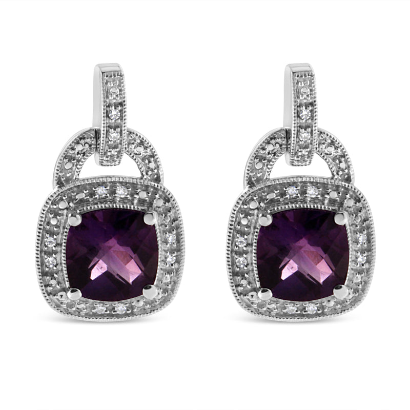 Bids.com .925 Sterling Silver 8MM Natural Cushion Shaped Amethyst and Diamond Accent Halo with Push Back Dangle Earrings (I-J Color, I2-I3 Clarity) Earrings White Smoke White.Sterling Silver / 0.08