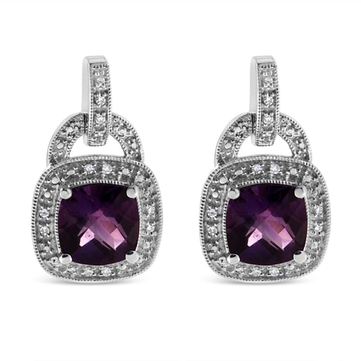 Bids.com .925 Sterling Silver 8MM Natural Cushion Shaped Amethyst and Diamond Accent Halo with Push Back Dangle Earrings (I-J Color, I2-I3 Clarity) Earrings White Smoke White.Sterling Silver / 0.08