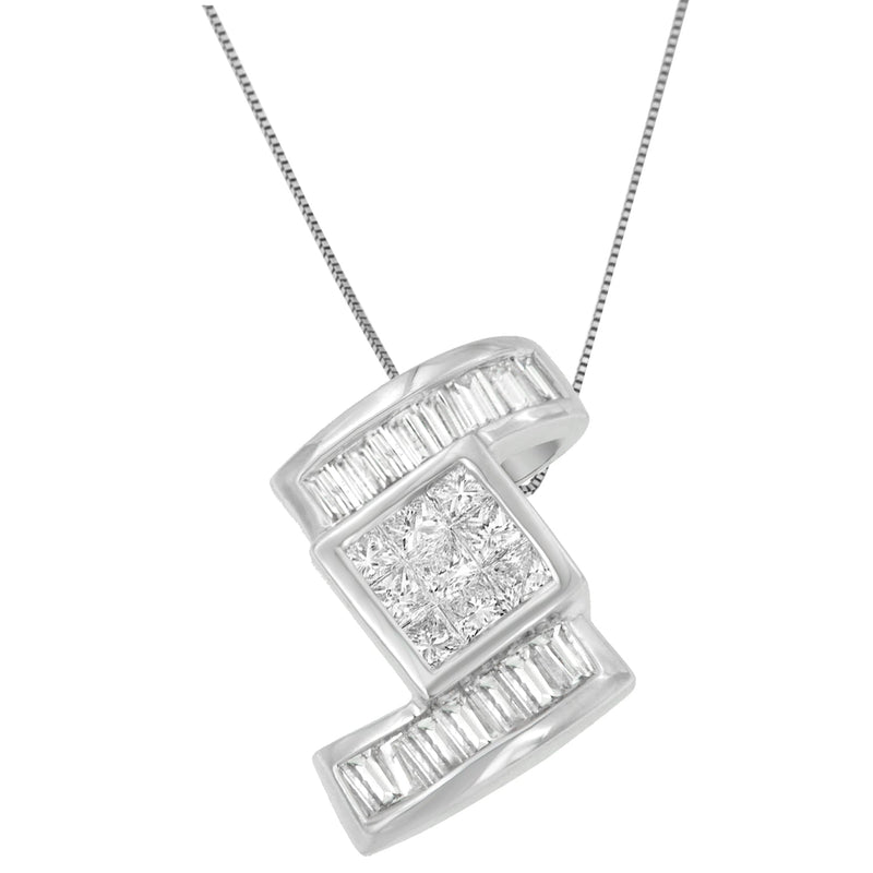 Bids.com 14K White Gold 1 2/5 cttw Princess and Baguette Cut Diamond Zig Zag Pendant Necklace (H-I, SI1-SI2) Necklaces White Smoke White.Gold / 18