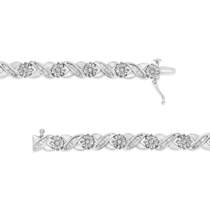 Bids.com .925 Sterling Silver 1.0 Cttw Round-Brilliant and Baguette Cut Diamond Miracle-Set X-Link 7" Tennis Bracelet (I-J Color, I2-I3 Clarity) Bracelets White Smoke White.Sterling Silver / 7