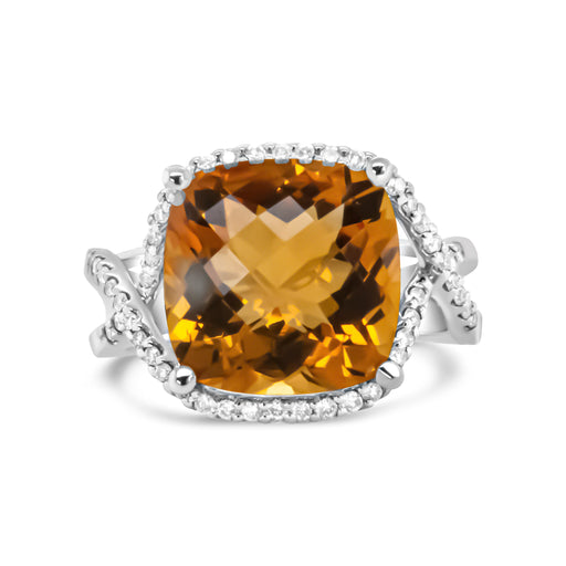 Bids.com 14K White Gold 12mm Cushion Cut Yellow Citrine Gemstone and 1/3 Cttw Round Pave-Set Diamond Ring - (H-I Color, VS1-VS2 Clarity)- Size 6.5 Rings White Smoke 6.5 / White.Gold