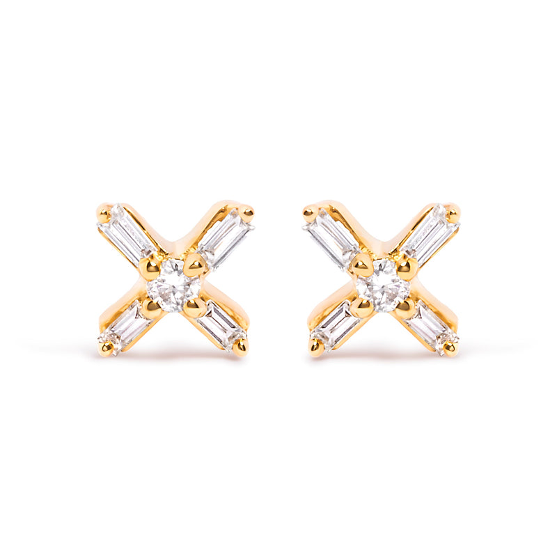 Bids.com 10K Yellow Gold 1/10 Cttw Round and Baguette Diamond Criss Cross X Stud Earring (H-I Color, I1-I2 Clarity) Earrings White Smoke Yellow.Gold / 0.096