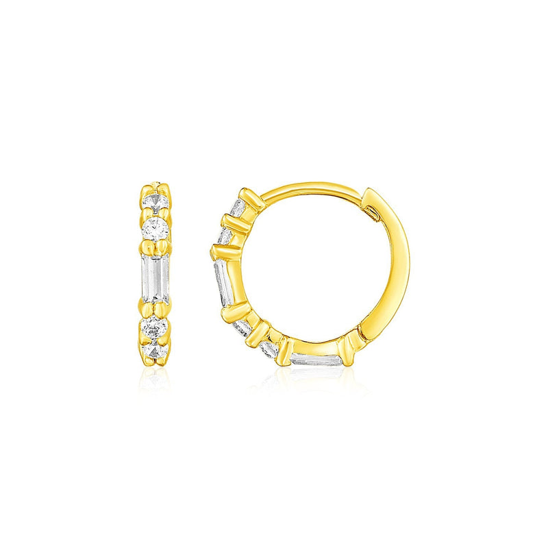 Bids.com 14k Yellow Gold Petite Hoop Earrings with Baguette Cubic Zirconias Earrings White Smoke Yellow Gold