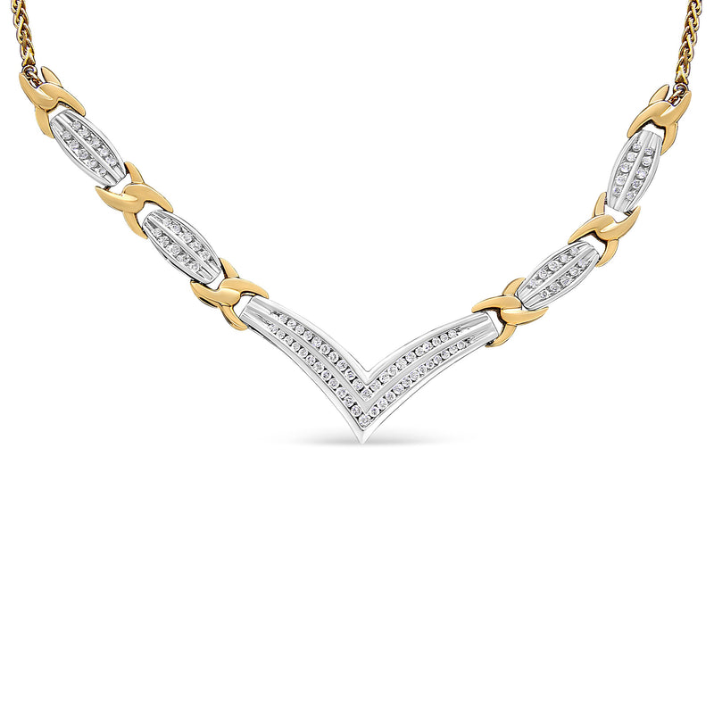 Bids.com 10K Yellow and White Gold 1.0 Cttw Round and Princess cut Diamond "V" Shape Statement Necklace (I-J Color, I1-I2 Clarity) Necklaces White Smoke YellowWhite.Gold / 18