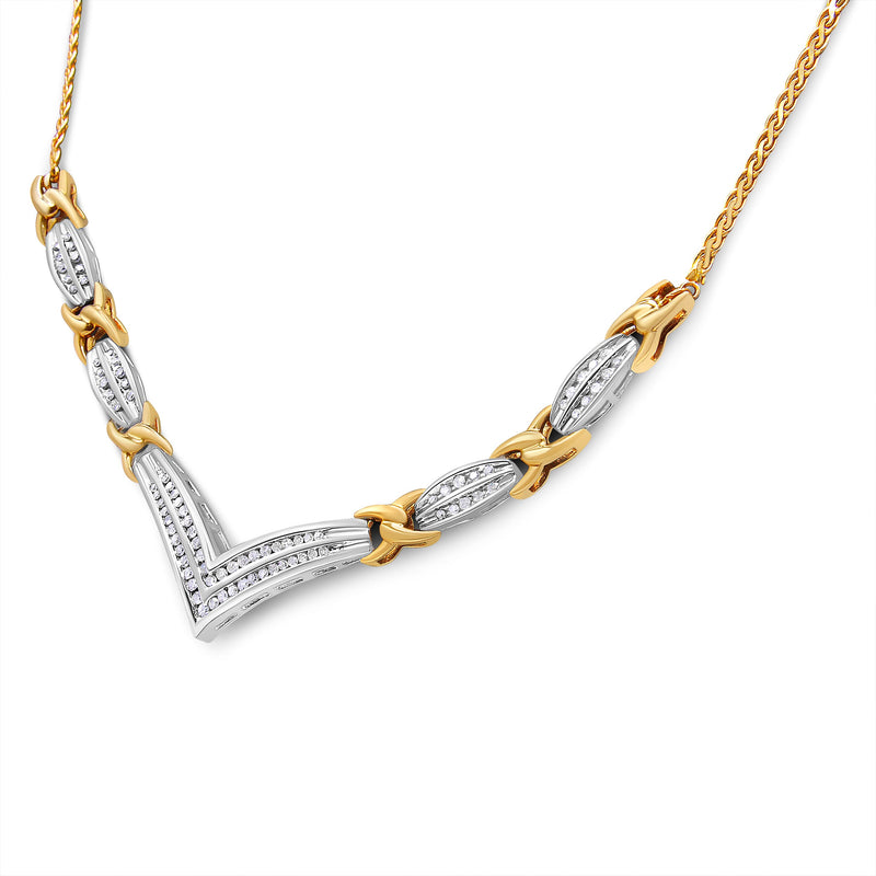 Bids.com 10K Yellow and White Gold 1.0 Cttw Round and Princess cut Diamond "V" Shape Statement Necklace (I-J Color, I1-I2 Clarity) Necklaces White Smoke YellowWhite.Gold / 18