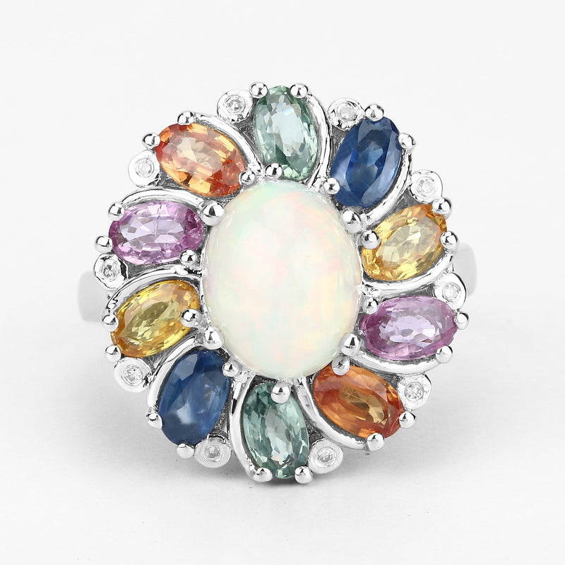 Bids.com 3.92 Carat Genuine Ethiopian Opal, Multi Sapphire and White Diamond .925 Sterling Silver Ring Rings White Smoke size 7.00,size 8.00,size 6.00,size 9.00,size 5.00,size 8.50