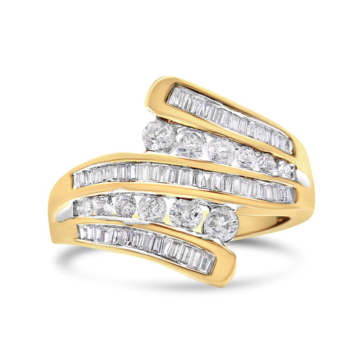 Bids.com 10K Yellow Gold 1 Cttw Round and Baguette-Cut Diamond Multi Row Bypass Ring Band (H-I Color, I1-I2 Clarity) - Ring Size 7 Rings White Smoke 7 / Yellow.Gold