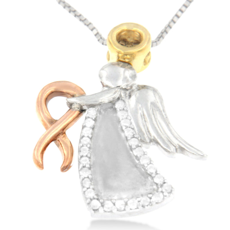 Bids.com 10K Tri-Color Gold Diamond-Accented Angel Awareness Ribbon Pendant Necklace (H-I Color, I1-I2 Clarity) Necklaces White Smoke YellowWhiteRose.Gold / 18