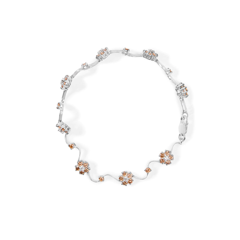 Bids.com 10K White Gold 4.0 Cttw Champagne and White Diamond Floral Cluster and Station Link Bracelet (H-I Color, SI2-I1 Clarity) - 7" Inches Bracelets White Smoke White.Gold / 7