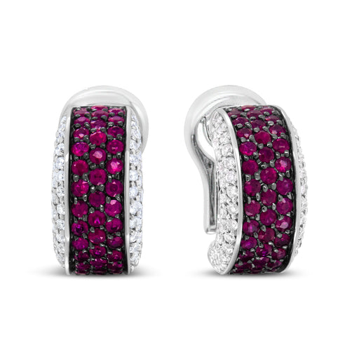 Bids.com 18K White Gold and Black Rhodium Plated 3/4 Cttw Round Diamonds and 1mm Round Red Ruby Huggie Hoop Earrings (F-G Color, VS1-VS2 Clarity) Earrings White Smoke White.Gold / 0.8