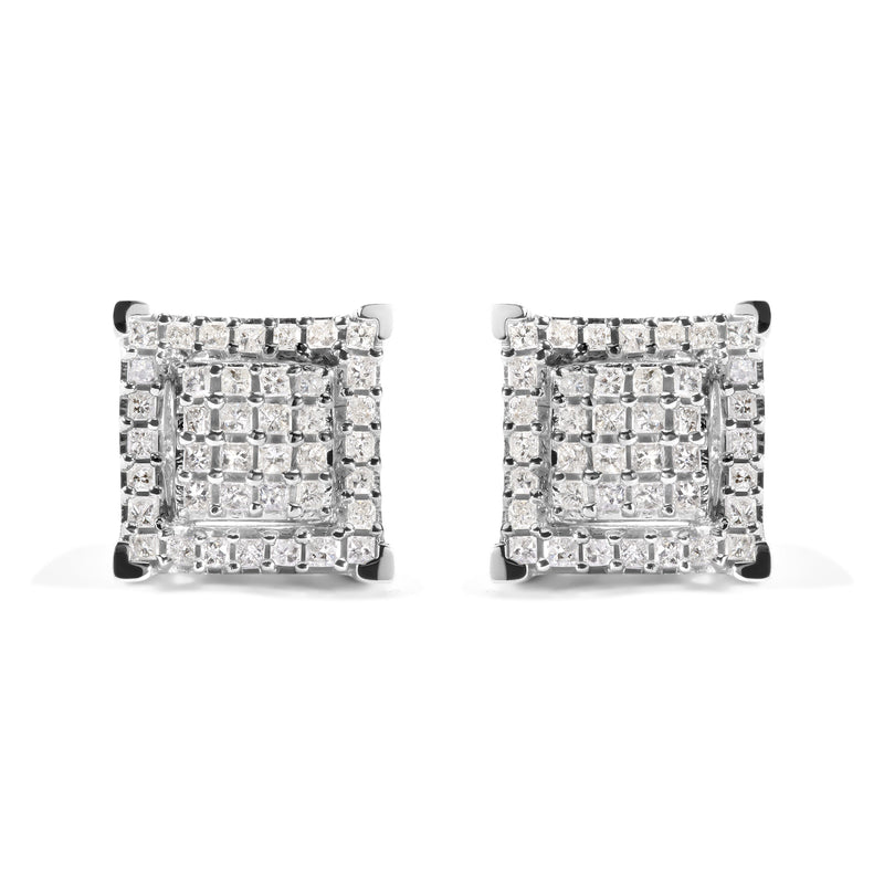 Bids.com 10K White Gold 1 1/4 Cttw Princess Diamond Composite Double Square and Halo Stud Earrings (I-J Color, I1-I2 Clarity) Earrings White Smoke White.Gold / 1.23