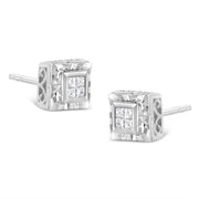 Bids.com .925 Sterling Silver 1/6 Cttw Invisible Set Princess-Cut Diamond Quad Composite Stud Earrings (H-I Color, I1-I2 Clarity) Earrings White Smoke White.Sterling Silver / 0.15