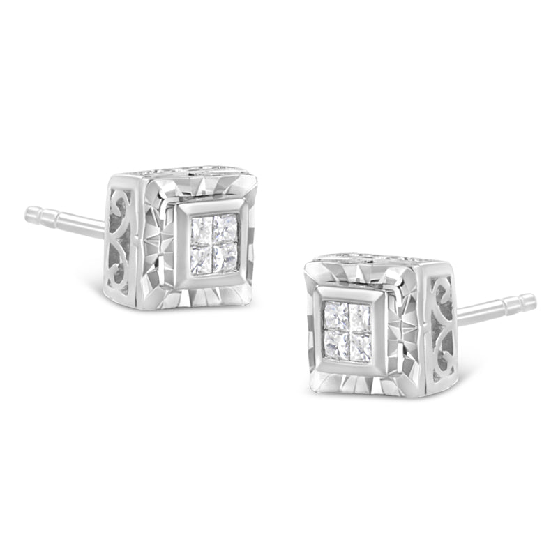 Bids.com .925 Sterling Silver 1/6 Cttw Invisible Set Princess-Cut Diamond Quad Composite Stud Earrings (H-I Color, I1-I2 Clarity) Earrings White Smoke White.Sterling Silver / 0.15