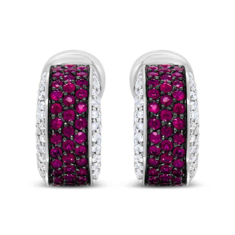Bids.com 18K White Gold and Black Rhodium Plated 3/4 Cttw Round Diamonds and 1mm Round Red Ruby Huggie Hoop Earrings (F-G Color, VS1-VS2 Clarity) Earrings White Smoke White.Gold / 0.8
