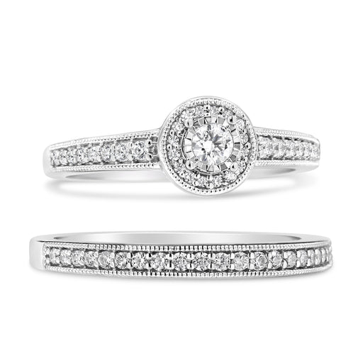 Bids.com .925 Sterling Silver 1/2 Ctw Diamond Halo and Milgrain Engagement Ring Bridal Set (I-J Color, I3 Clarity) - Ring Size 7 Rings White Smoke 7 / White.Sterling Silver,6 / White.Sterling Silver,8 / White.Sterling Silver,9 / White.Sterling Silver