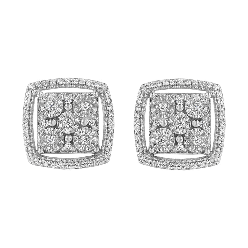 Bids.com .925 Sterling Silver 3/8 Cttw Miracle Set Round Diamond Double Halo Cluster Earrings (I-J Color, I2-I3 Clarity) Earrings Gray White.Sterling Silver / 0.375