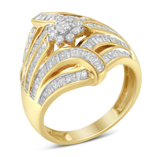 Bids.com 10K Yellow Gold Flashed .925 Sterling Silver 1-1/8 Cttw Round & Baguette Diamond 'Flower & Fern' Cluster Cocktail Fashion Ring (I-J Color, I2-I3 Clarity) - Size 6 Rings White Smoke 8 / Yellow.Sterling Silver,6 / Yellow.Sterling Silver,7 / Yellow.Sterling Silver,7.75 / Yellow.Sterling Silver,7.5 / Yellow.Sterling Silver,7.25 / Yellow.Sterling Silver,6.75 / Yellow.Sterling Silver,6.5 / Yellow.Sterling Silver,6.25 / Yellow.Sterling Sil