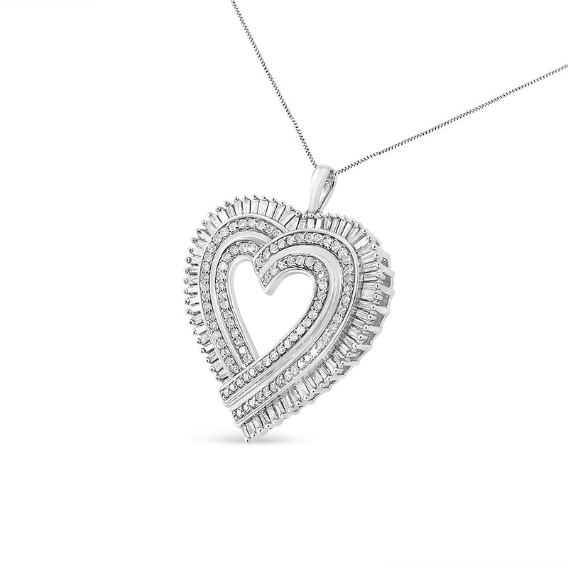 Bids.com .925 Sterling Silver 1 1/4 Cttw Round and Baguette-Cut Diamond Composite Heart 18" Pendant Necklace (I-J Color, I1-I2 Clarity) Necklaces White Smoke White.Sterling Silver / 18