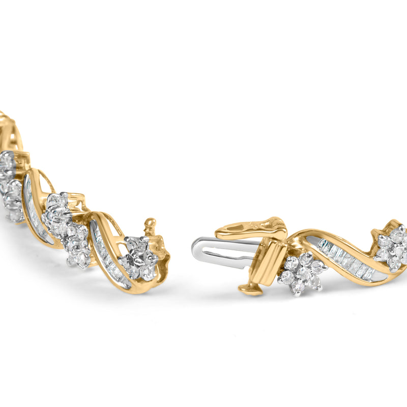 Bids.com 10k Yellow Gold 3.00 Cttw Round-Cut and Baguette-Cut Floral Link 7.25" Bracelet (I-J Color, I1-I2 Clarity) Bracelets White Smoke Yellow.Gold / 7.25