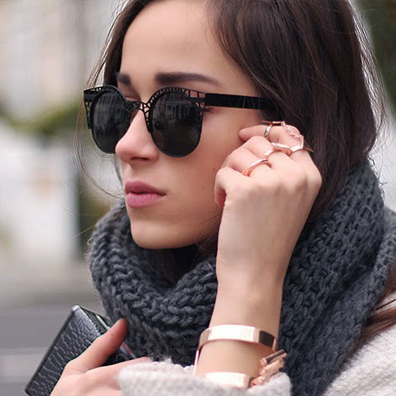 zeroUV Women's Indie Round Metal Laser Cut Mesh Cat Eye 9432 Sunglasses Black Gold,Black,Silver,Rose Gold,Silver White Smoke,Gold White Smoke