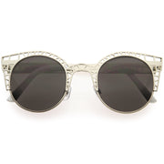 zeroUV Women's Indie Round Metal Laser Cut Mesh Cat Eye 9432 Sunglasses White Smoke Silver White Smoke
