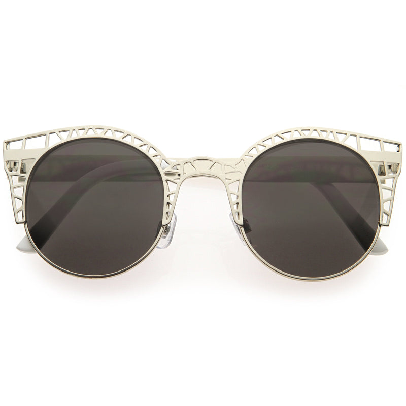 zeroUV Women's Indie Round Metal Laser Cut Mesh Cat Eye 9432 Sunglasses White Smoke Gold,Black,Silver,Rose Gold,Silver White Smoke,Gold White Smoke