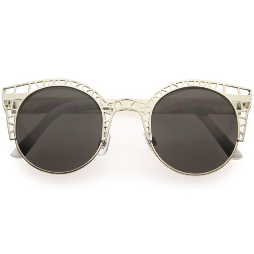 zeroUV Women's Indie Round Metal Laser Cut Mesh Cat Eye 9432 Sunglasses White Smoke Gold,Black,Silver,Rose Gold,Silver White Smoke,Gold White Smoke