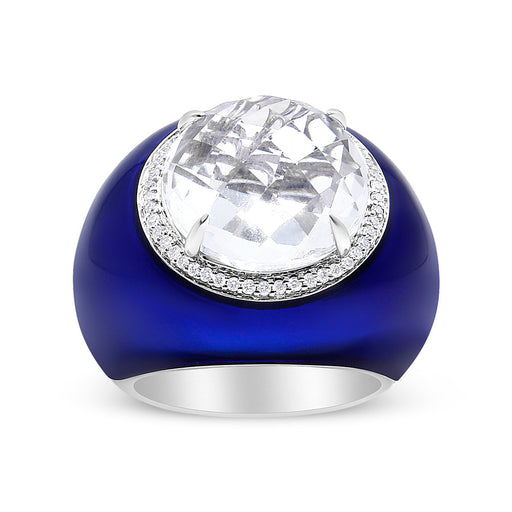 Bids.com 18K White Gold 14mm White Quartz and 1/5 Cttw Diamond Halo with Blue Enamel Dome Ring (F-G Color, VS1-VS2 Clarity) - Ring Size 7 Rings White Smoke 7 / White.Gold
