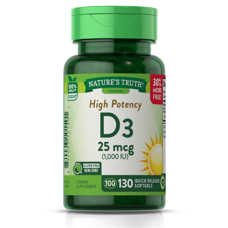 Nature's Truth Nature's Truth High Potency 1000 Iu ( 25 Mcg)Vitamin D3 130 Quick Release Softgels Vitamins & Supplements White Smoke