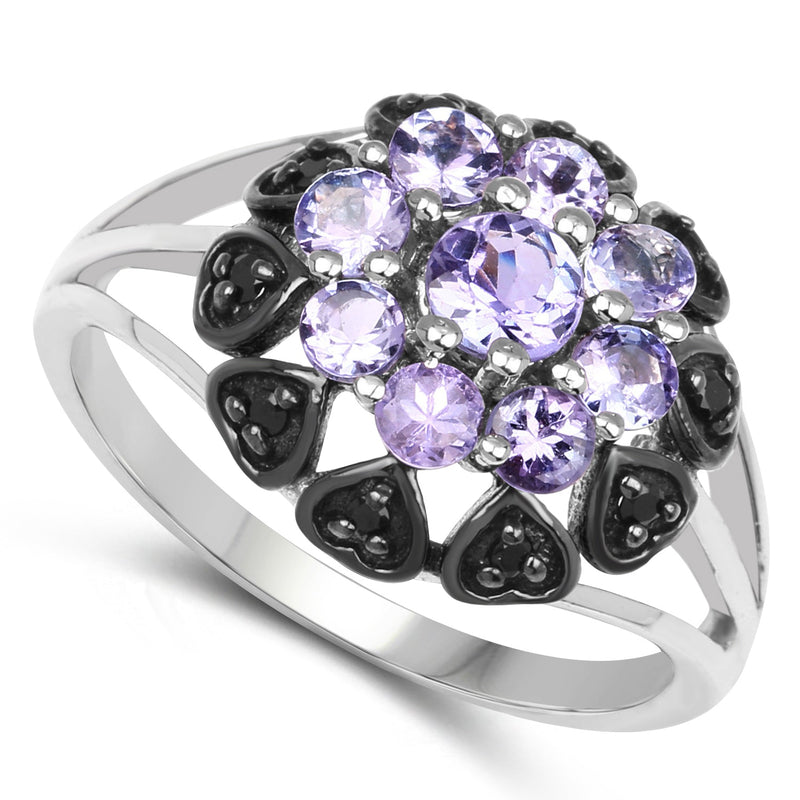 Bids.com 1.18 Carat Genuine Tanzanite and Black Spinel .925 Sterling Silver Ring Rings White Smoke size 7.00,size 6.00,size 8.00,size 9.00