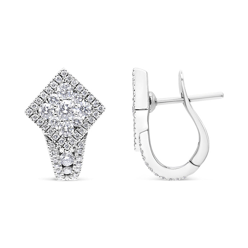 Bids.com 18K White Gold 1 1/10 Cttw Round Diamond Cluster with Halo Hoop Huggie Earring (F-G Color, VS1-VS2 Clarity) Earrings White Smoke White.Gold / 1.12