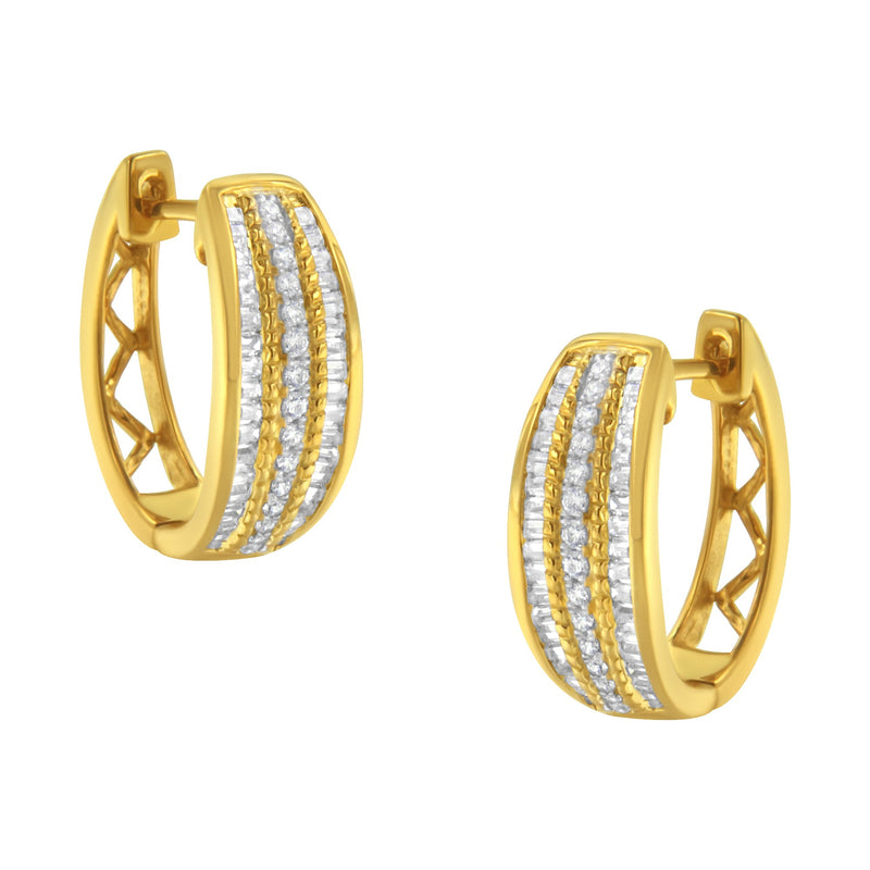 Bids.com 10K Yellow Gold 3/4 Cttw Pave and Channel Set Diamond Triple Row Modern Hoop Earrings (I-J Color, I2-I3 Clarity) Earrings White Smoke Yellow.Gold / 0.78