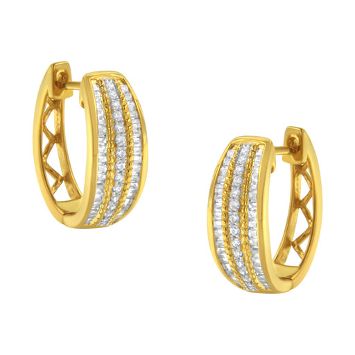 Bids.com 10K Yellow Gold 3/4 Cttw Pave and Channel Set Diamond Triple Row Modern Hoop Earrings (I-J Color, I2-I3 Clarity) Earrings White Smoke Yellow.Gold / 0.78