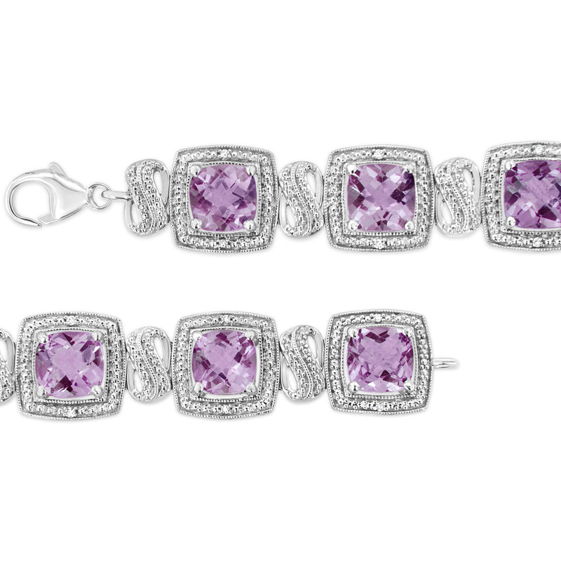 Bids.com .925 Sterling Silver 7x7 mm Cushion Cut Purple Amethyst and 1/10 cttw Round Cut Diamond Square Shape Tennis Bracelet (I-J Color, I1-I2 Clarity) - 7" Bracelets White Smoke White.Sterling Silver / 7