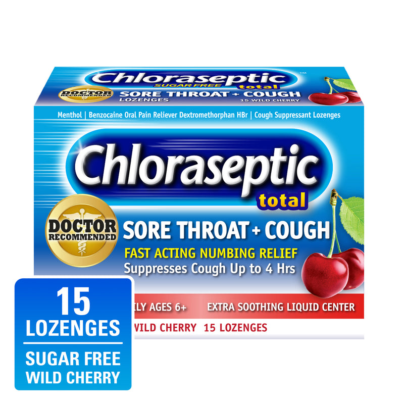 Chloraseptic Chloraseptic Total Sore Throat & Cough Lozenges - Sugar-Free Wild Cherry, 15 ct Medicine & Drugs White Smoke