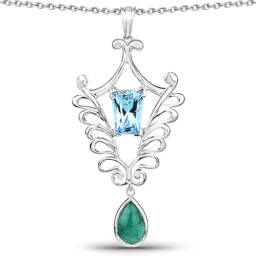 Bids.com 9.23 Carat Genuine Emerald and Swiss Blue Topaz .925 Sterling Silver Pendant Pendants White Smoke