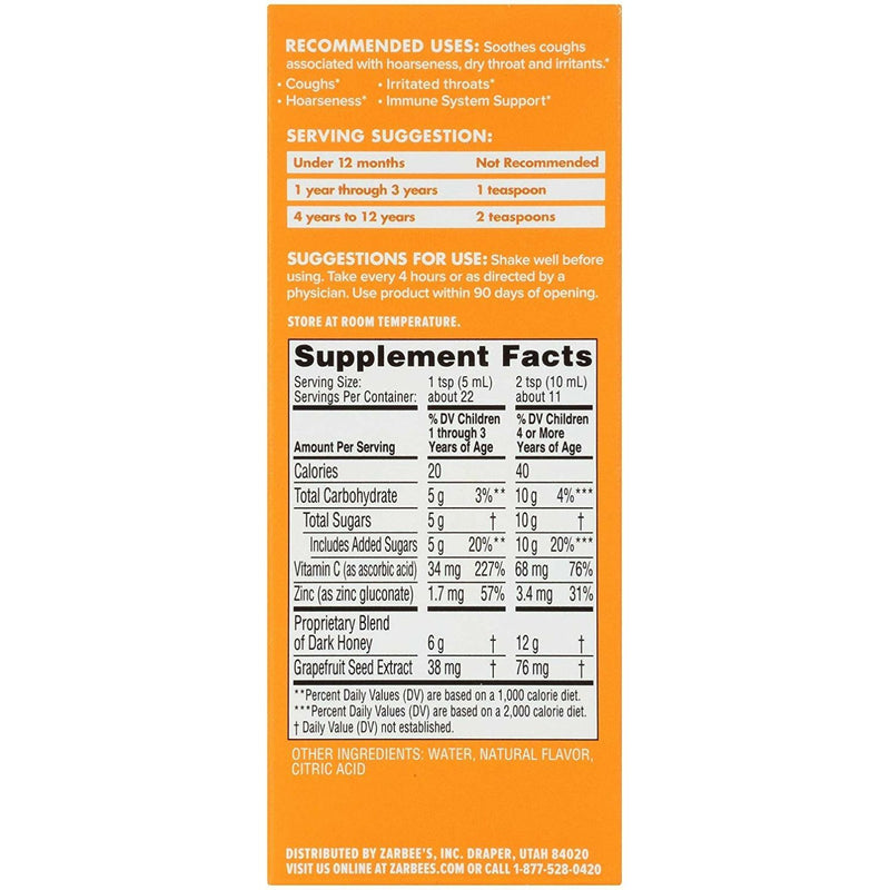Zarbee's Zarbee's Naturals Dark Honey Natural Grape Flavor Cough Syrup 4 Fl Oz Box Health & Beauty Sandy Brown