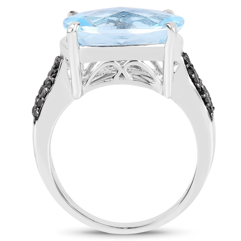 Bids.com 3.96 Carat Genuine Baby Swiss Blue Topaz and Black Diamond .925 Sterling Silver Ring Rings White Smoke size 6.00,size 7.00,size 8.00,size 9.00