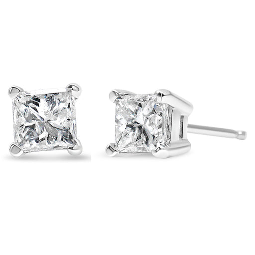 Bids.com AGS Certified 14k White Gold 1.0 Cttw 4-Prong Set Princess-Cut Solitaire Diamond Push Back Stud Earrings for Women (E-F Color, I1-I2 Clarity) Earrings White Smoke White.Gold / 1
