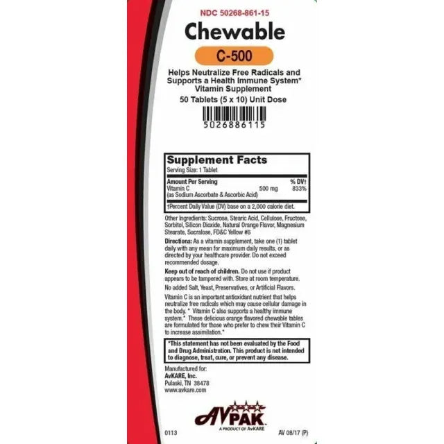 AvKare AvKare Vitamin C-500 Chewable Tablets Immune System Health Support 500 Mg Vitamins & Supplements White Smoke